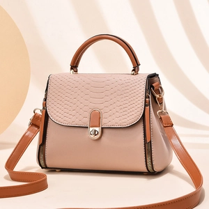 Pink-beige and brown faux leather mini square handbag with croc pattern and long strap