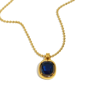 18K gold plated beaded chain necklace with deep blue oval gemstone pendant for women