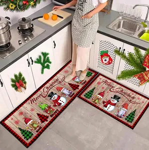 Christmas kitchen mat set with snowman gnome wood grain and red buffalo plaid border
