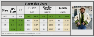 Detailed size guide table for the color-block women's cotton jacket and outerwear