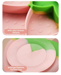Detail of silicone baby plate with anti-slip cartoon texture and large suction base