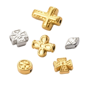 Assorted stainless steel cross and floral relief beads in gold and silver finish