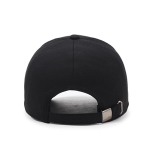 Black cotton twill baseball cap with adjustable metal buckle back closure on white background