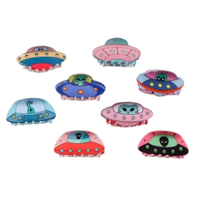 Set of 8 colorful cartoon UFO hair clips with alien designs for women hair styling