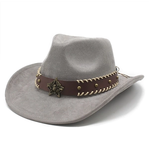 Grauer Cowboyhut aus Wildlederimitat mit braunem Lederband und Metallschnalle