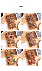Detailed views of six Bohemian mandala pattern cork wallets with secure gold zippers