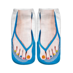 Detail of 3D flip-flop printed low cut socks featuring colorful toenails on white base