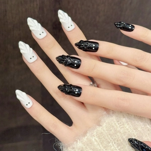 3D Halloween ghost press-on nails in black and white gothic style with 3D relief texture