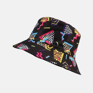 Detail of vintage bucket hat featuring Memphis geometric patterns and mixed animal prints
