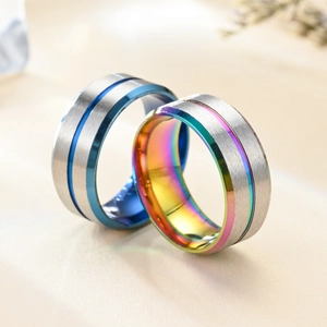 Detail of 8mm stainless steel rings featuring brushed silver finish and vibrant inner plating