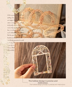 Close-up of vintage hollow lace paper frames with delicate laser-cut patterns for journaling