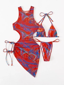 Detailed flat lay of red marble print 3-piece bikini set with a cutout drawstring cover-up skirt