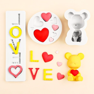 DIY silicone mold set for 3D bear, heart shapes and LOVE letters for cake decoration