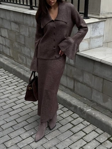 Knitted Cardigan And Maxi Skirt Cotton Polyester Flare Sleeve Solid Color Elegant Slim Fit Women Streetwear Office