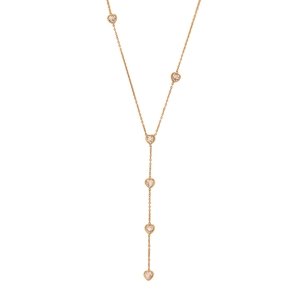 Golden Y-shaped stainless steel necklace with small glass heart pendants on white background