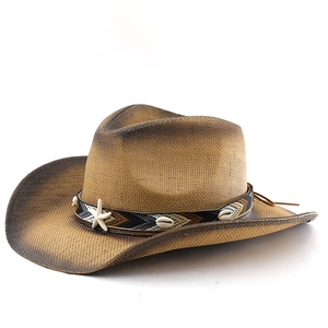 Western style straw sun hat with gradient brown finish and nautical shell decorations