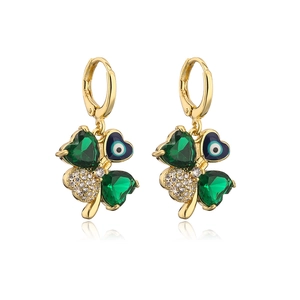 Gold-plated clover earrings featuring green heart stones, pavé gems, and evil eye detail