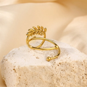 18K gold plated stainless steel open ring with olive leaf and white flower details