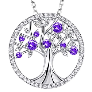 Bohemian Tree of Life necklace with purple crystals and white rhinestones in silver finish
