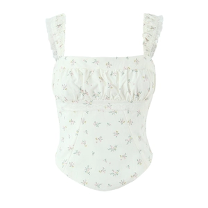 Franse Stijl Bloemenprint Gesmokte Cami Top Vierkante Hals Kant Trim Corset Zoom Mouwloos Zoete Zomerblouse Voor Dames
