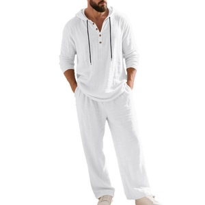 Detail shot of men's white cotton linen lounge set with hooded button neck and fabric texture