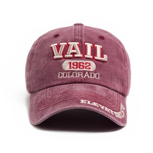 Vintage burgundy washed cotton baseball cap with VAIL Colorado embroidery on front