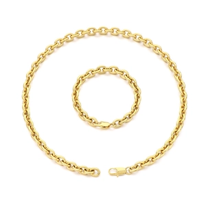Polished gold stainless steel link chain necklace and bracelet set for men and women