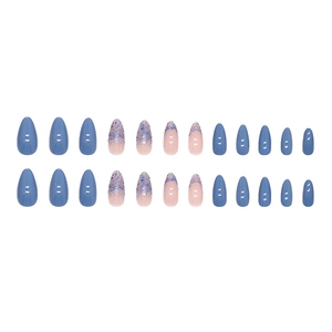Sky blue almond press-on nails set with glitter gradient design for summer