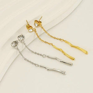 Elegant stainless steel tassel drop earrings with crystal studs in gold and silver
