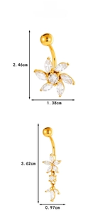Detailed tile display of gold belly rings with zircons and floral tassels on white background