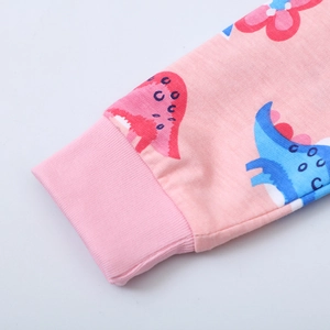 Pink long sleeve girl dress with cute dinosaur pattern and ribbed elastic cuffs