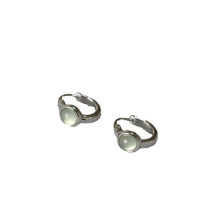 Elegant silver brass hoop earrings featuring round light green agate gemstones in pair
