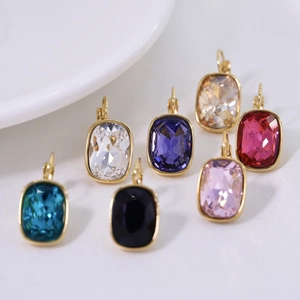 Detail of square-cut colorful crystals in 14K gold plated stainless steel earrings set