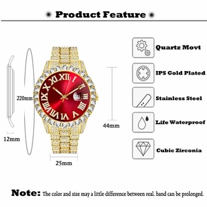 Men's gold iced out watch with red dial and roman numerals, including detailed dimensions