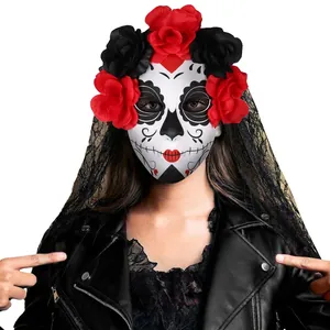 Ghost Bride Day of the Dead mask with red roses and black lace veil for Halloween