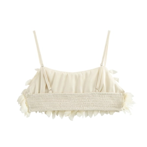 Chic off-white cropped camisole with 3D floral accents and elastic smocked back detail
