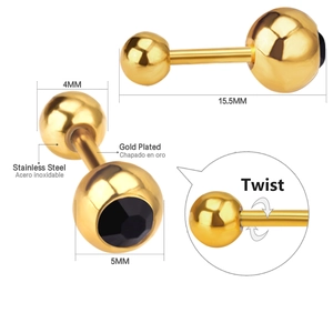 Gold-plated stainless steel screw-back stud earrings with round black cubic zirconia stone