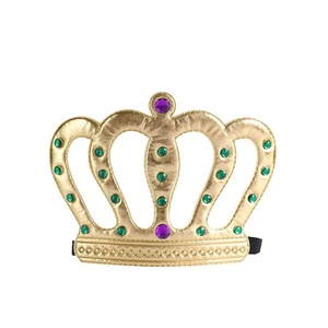 Golden fabric king crown with green and purple gemstones and elastic band for kids