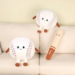 Cute baseball and bat plush toy set with smiling faces on a soft fabric sofa