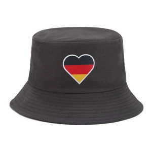 Detail of grey bucket hat featuring heart-shaped Germany flag patch with stitched edges