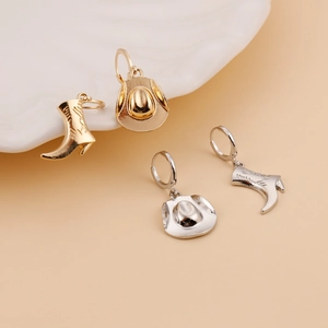 Fashion alloy western cowboy boot and hat drop earrings set in gold and silver finish