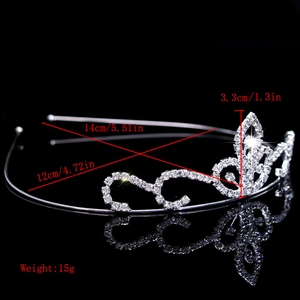Detail view of silver rhinestone tiara with red text indicating 15g weight and 3.3cm height