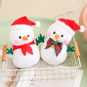 Plush Christmas snowman dolls with red hats and scarves in a white wire basket
