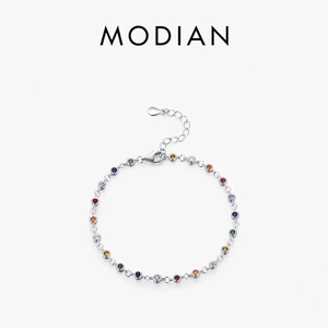 925 Sterling Silver Rainbow Bracelet For Women Colorful Round Cubic Zirconia Dainty Chain Adjustable Handmade Jewelry