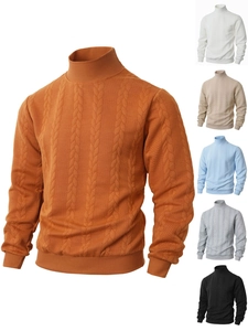 Detail view of mens cable knit turtleneck sweater showing various vibrant color options