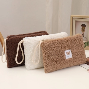 Cute plush makeup bags in brown, white and khaki with bear patch and zipper