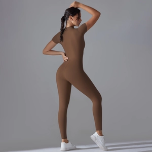 Rear view of brown short-sleeve yoga bodysuit showing high-elastic slim fit contours
