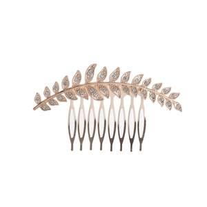 Rose gold leaf bridal hair comb with sparkling rhinestones and 10 metal teeth