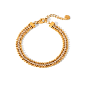 Three-layer gold-plated beaded chain bracelet with shimmering zircon stone inlay