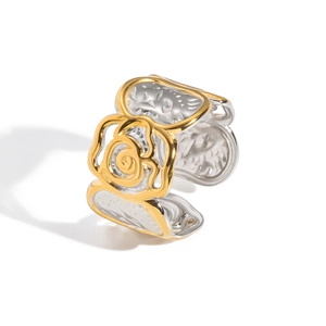 Chic two-tone rose flower textured open ring made of durable stainless steel